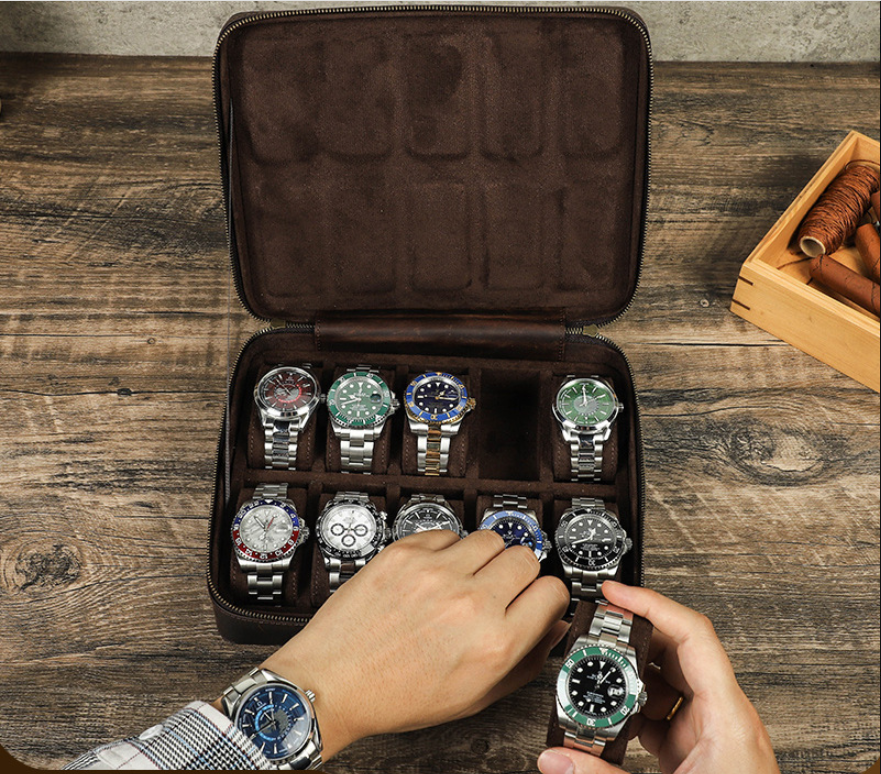 Rectangular Handmade Crazy Horse Leather Watch Box, 10-Slot Watch Display Organizer Travel Storage Case - Image 6