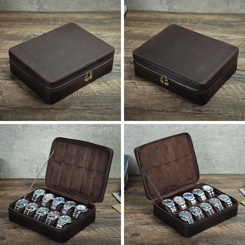 Rectangular Handmade Crazy Horse Leather Watch Box, 10-Slot Watch Display Organizer Travel Storage Case - Image 2