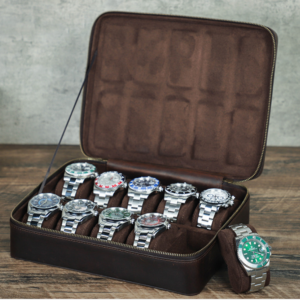 Rectangular Handmade Crazy Horse Leather Watch Box, 10-Slot Watch Display Organizer Travel Storage Case