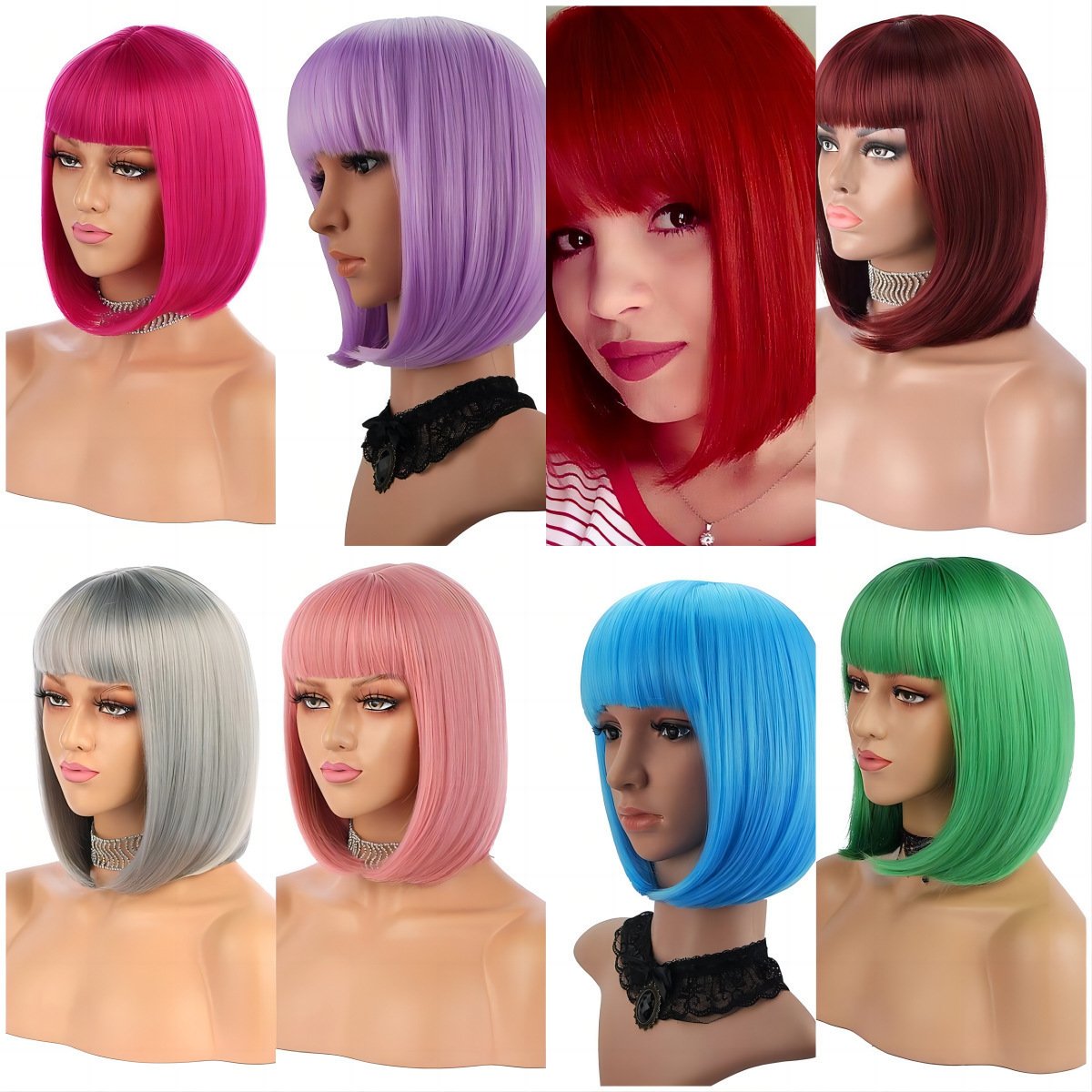 Wig for Women Short Hair Straight Bangs Bobo Bob Cut Anime Cosplay Colorful Hair - Image 2