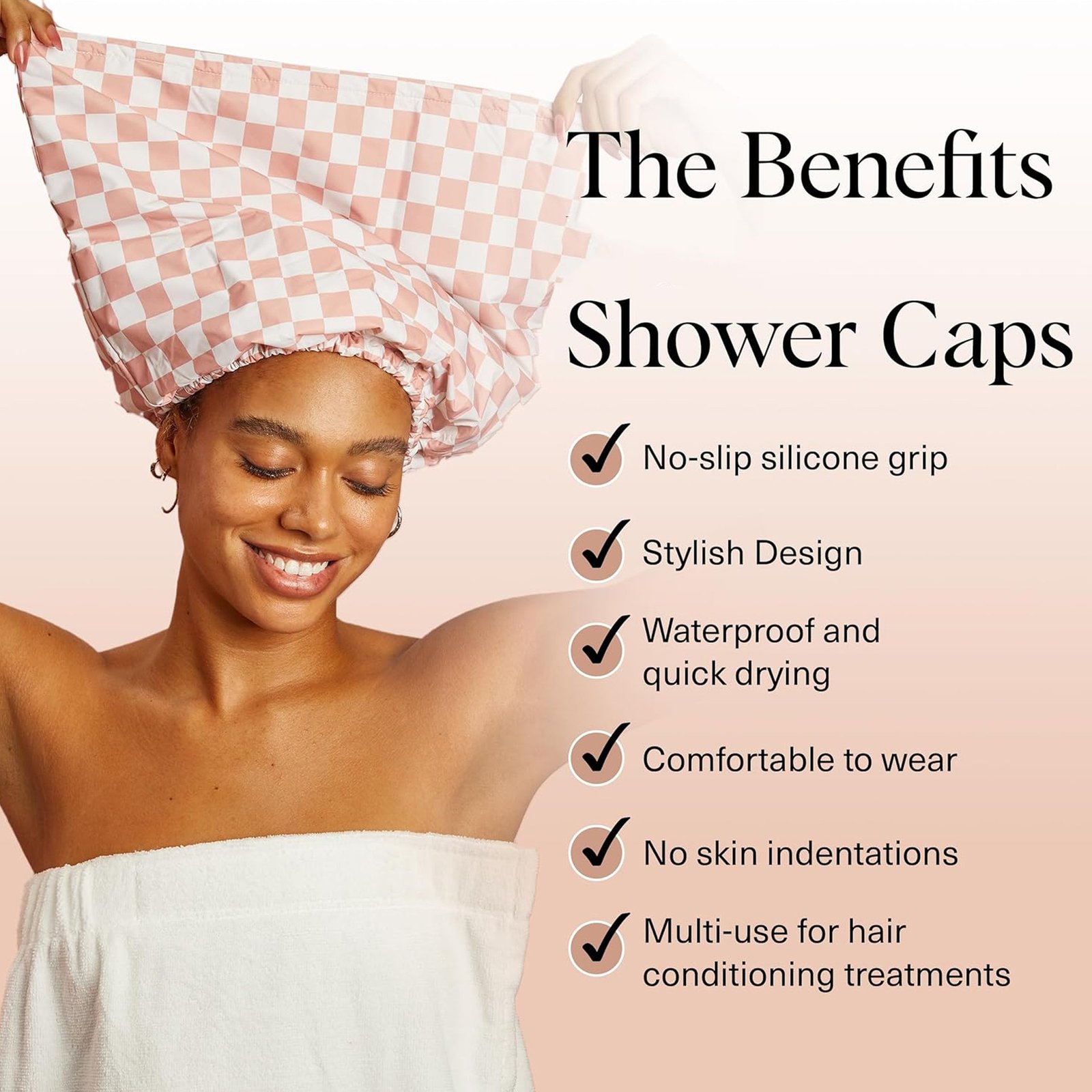 Waterproof Three-Layer Bath Cap with Silk-Like Lining and Checkered Design, Premium Hair Care Cap - Image 10