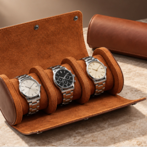 Leather 3-Watch Storage Box with Stitched Detail, Mechanical Watch OrganizerJewelry Display Case