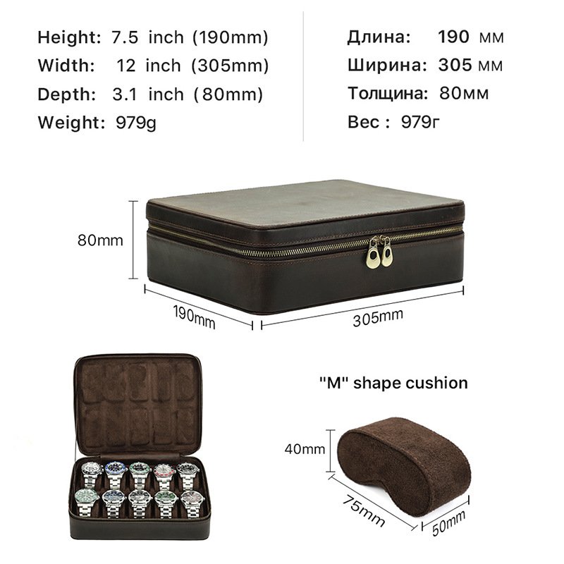 Rectangular Handmade Crazy Horse Leather Watch Box, 10-Slot Watch Display Organizer Travel Storage Case - Image 3