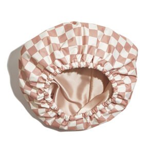 Waterproof Three-Layer Bath Cap with Silk-Like Lining and Checkered Design, Premium Hair Care Cap