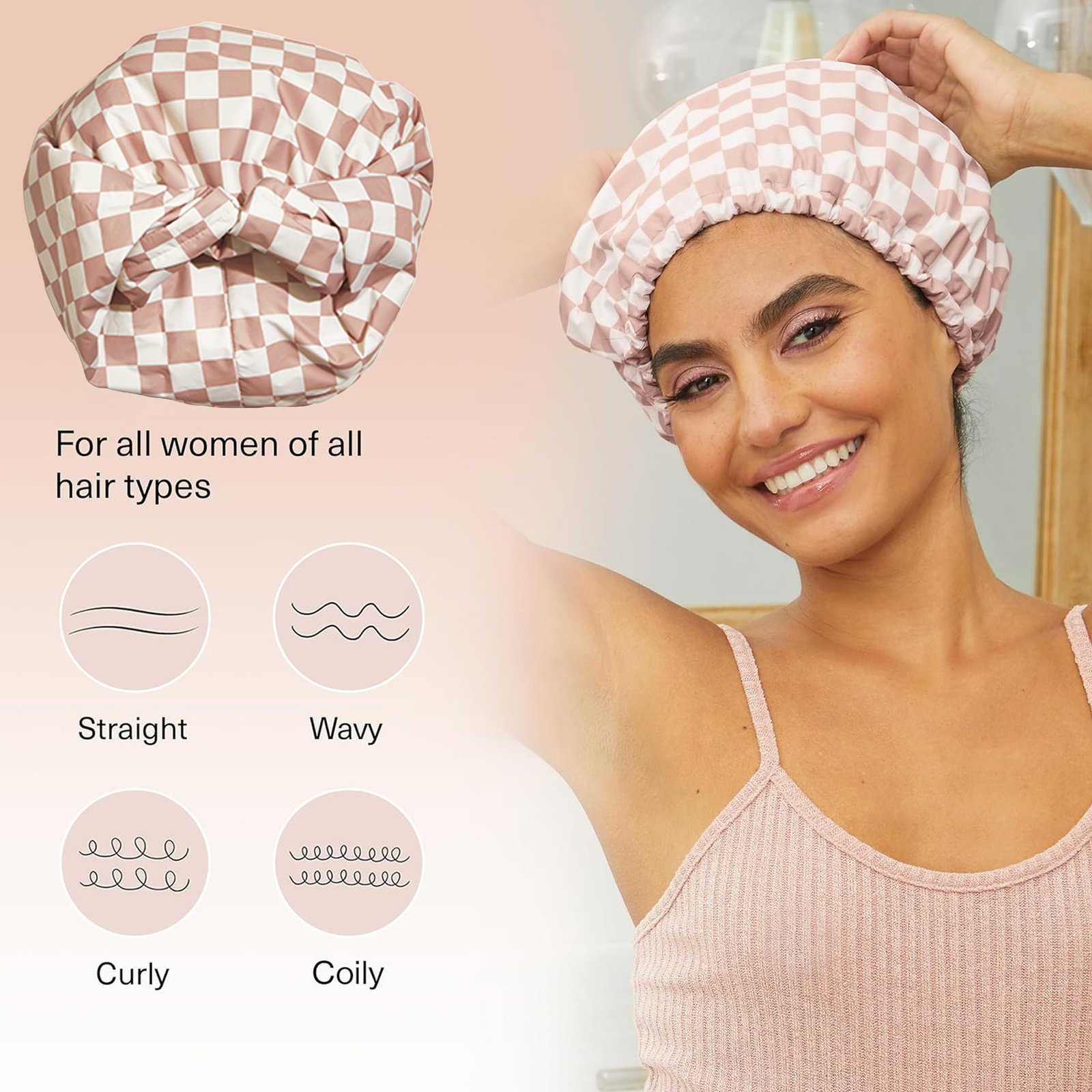 Waterproof Three-Layer Bath Cap with Silk-Like Lining and Checkered Design, Premium Hair Care Cap - Image 3