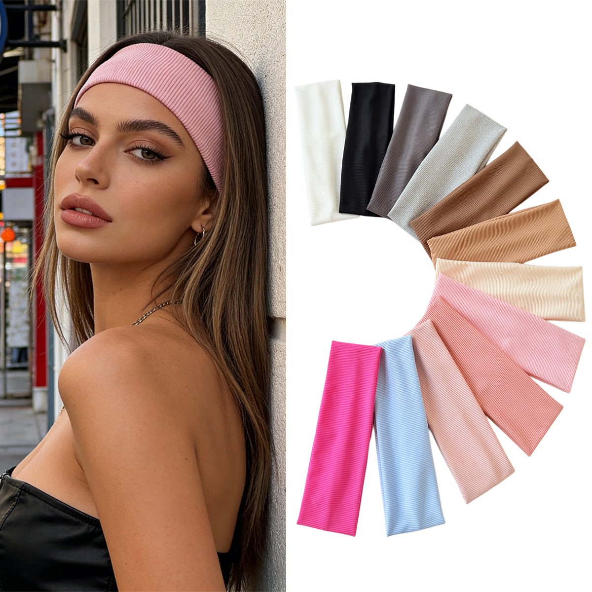 Cotton Elastic Headband Wide Sweat-Absorbent Band, Solid Color, Multi-Functional Headwear - Image 2