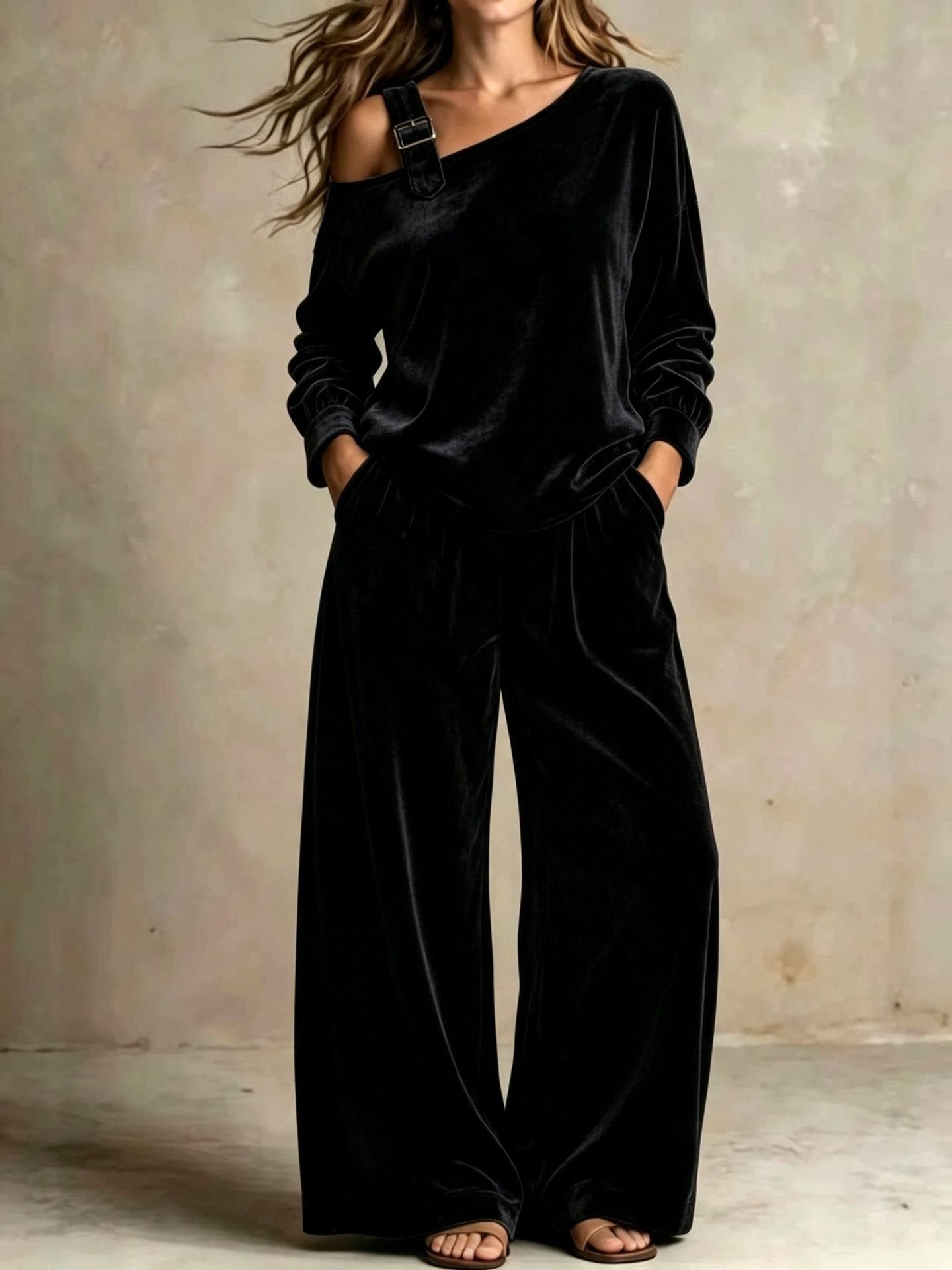 Off-shoulder Suit Women's Velvet Casual Two-Piece Set Soft Comfortable Outfit Daily Clothing - Image 9