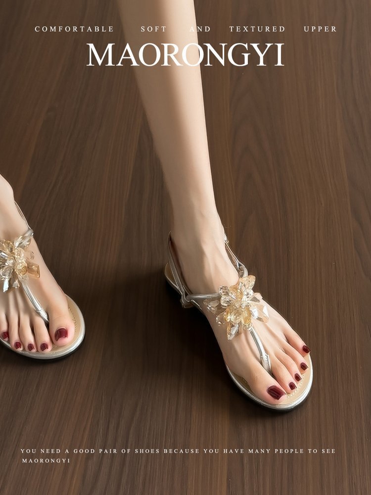 Women's Crystal Petal FairyStyle Vacation Thong Flat Sandals, Summer SlipOn Sandals For Evening Party - Image 2