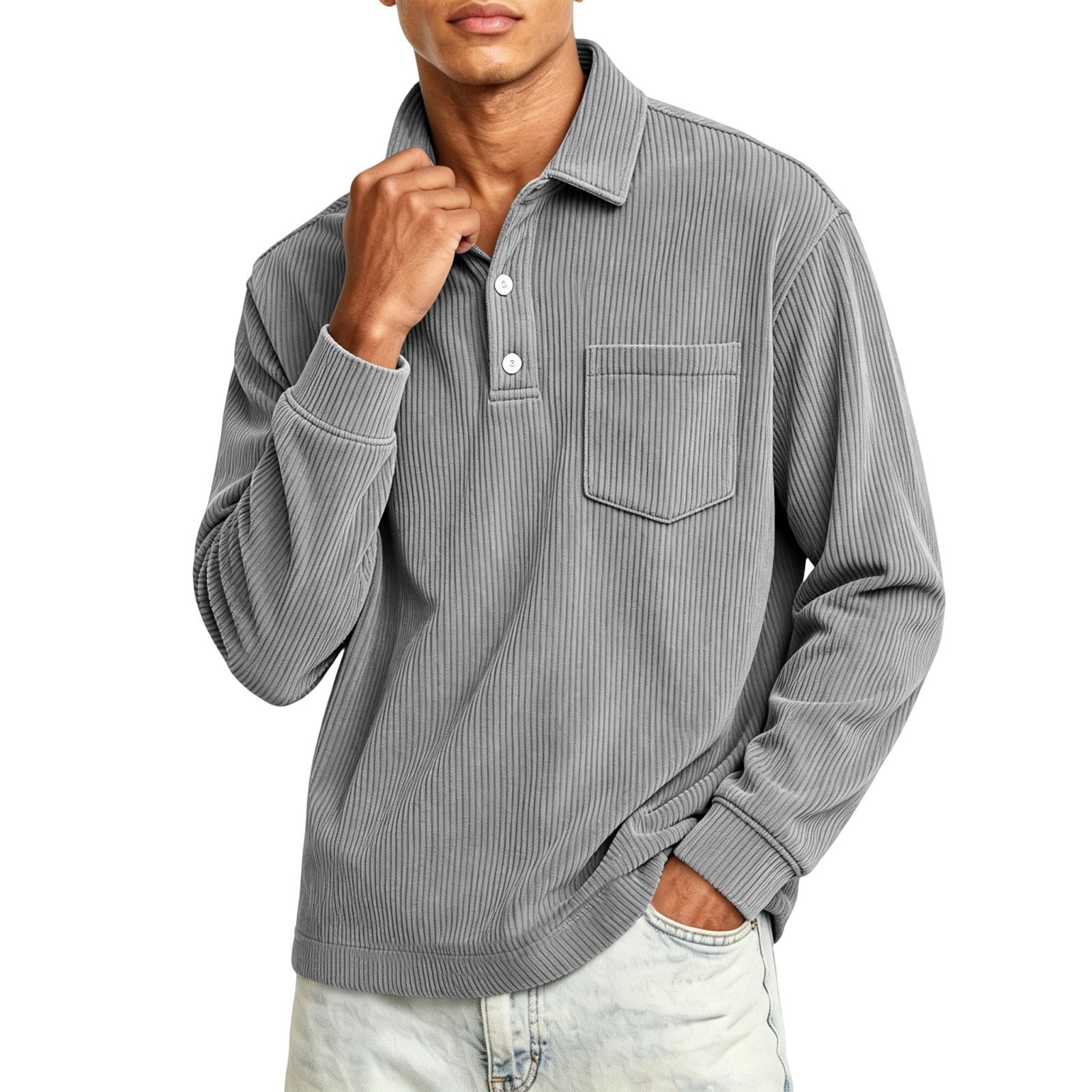 Men's Corduroy Solid-Color Striped Lapel Shirt - Image 3
