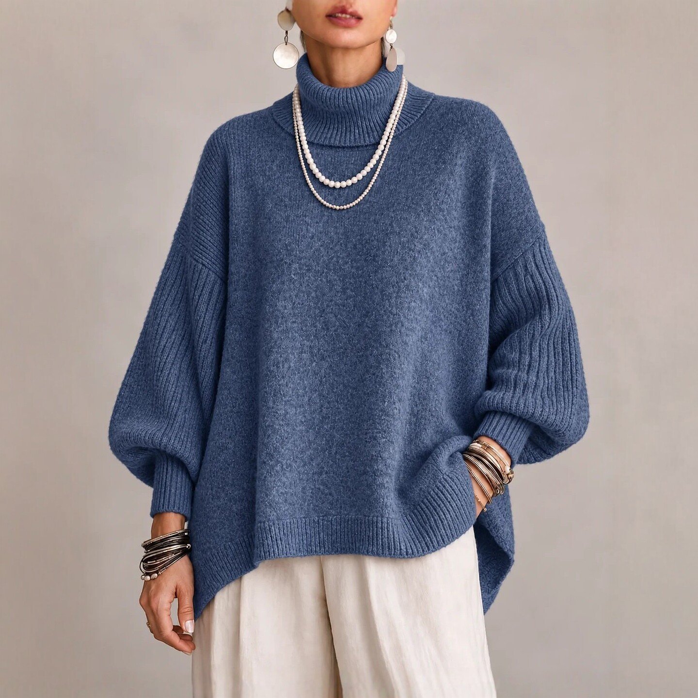 Women's Turtleneck Knitted Pullover Sweater With Lantern Sleeves - Image 2