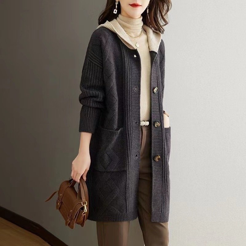 Fall Winter Hooded Mid-length Knitted Sweater Women's Coat - Image 9