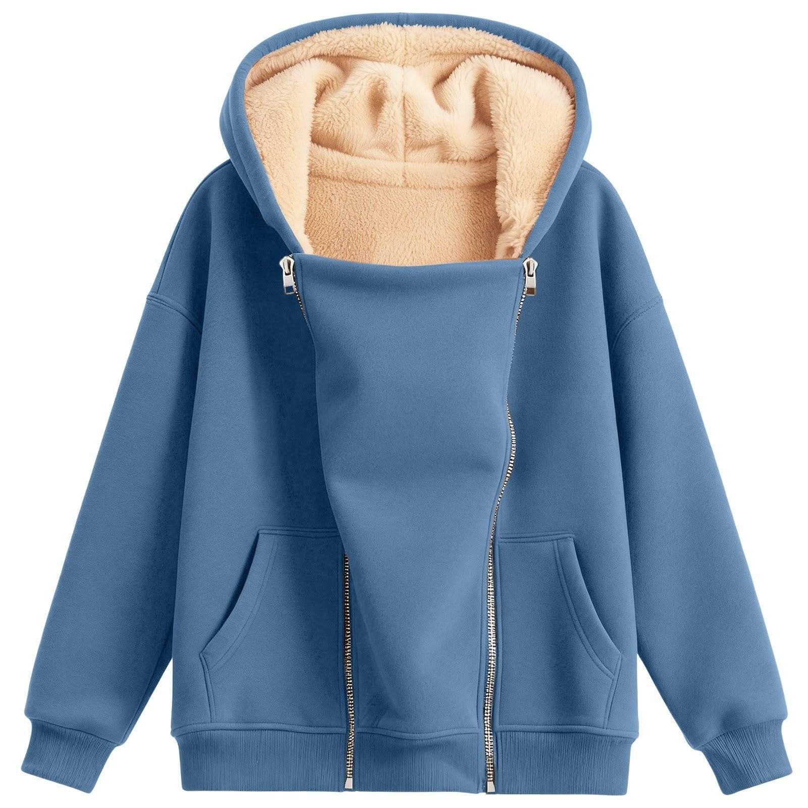 Solid-color Hooded Long-sleeve Zip-up Hoodie With Pockets Extra-thick Fabric - Image 3