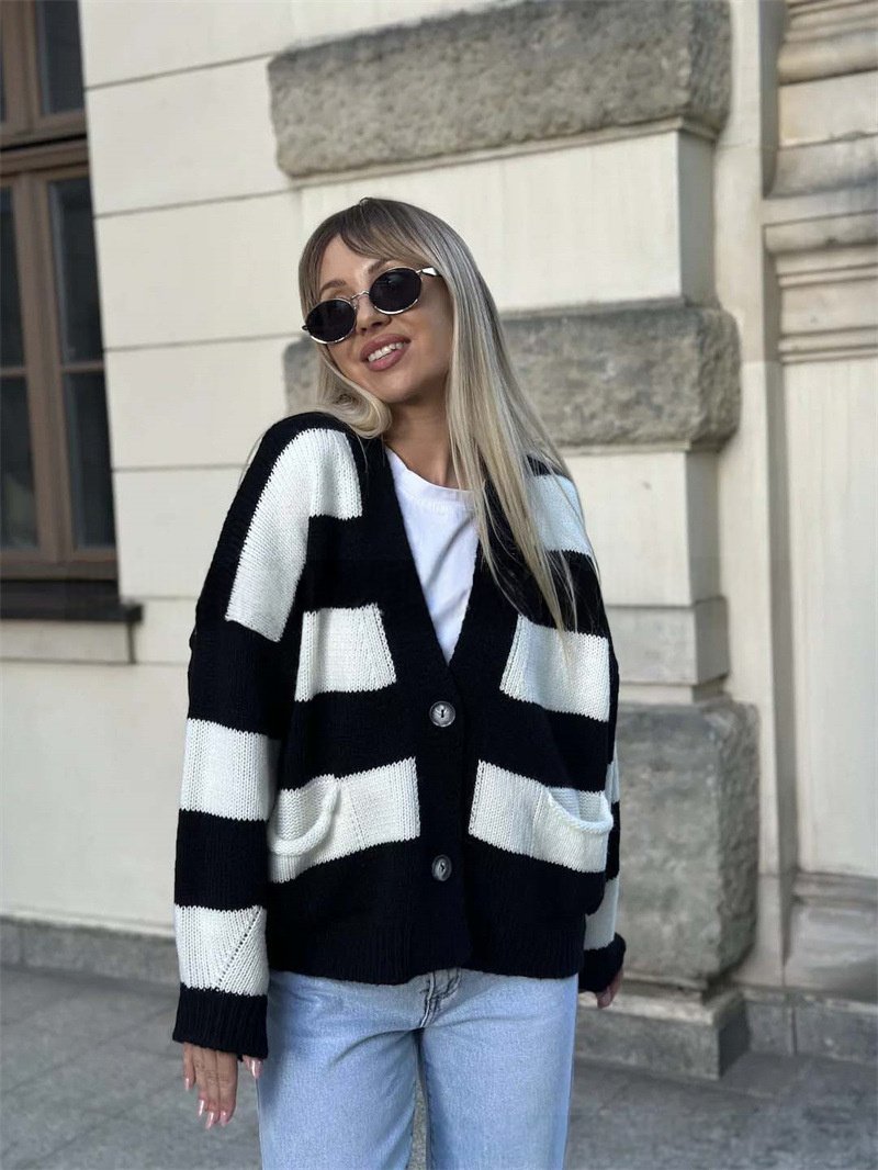 Autumn And Winter New Casual V-neck Long Sleeve Striped Sweater Coat - Image 7