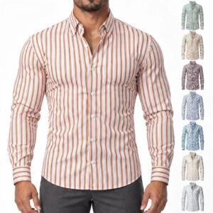 Jiana Cross-border Color-blocked Stripe Print Plus Size Men's Long Sleeve Shirt, Business Casual Stretch Wrinkle-Free Men Shirt