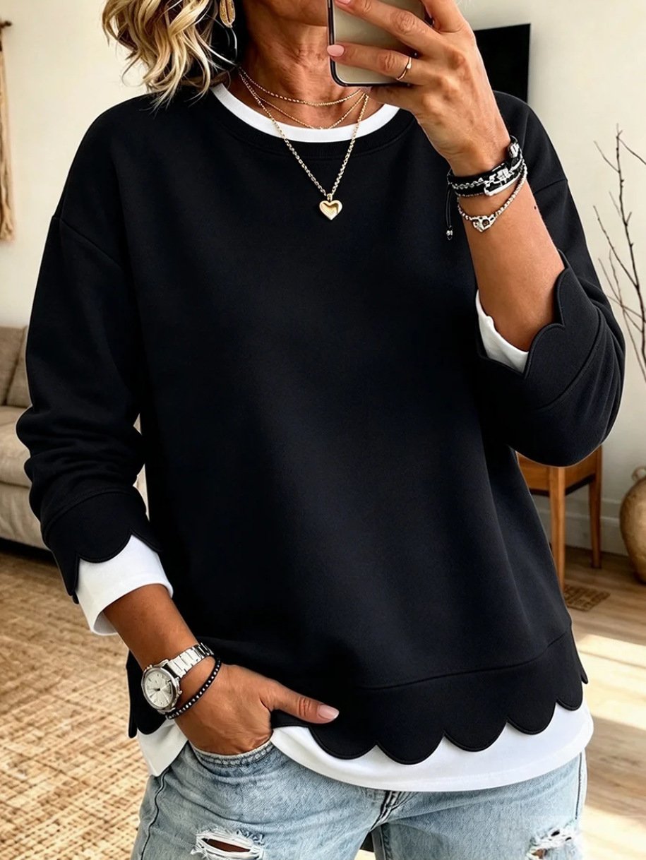 Women's Loose-fit Round-neck Casual Top With Wavy Lace Trim - Image 7