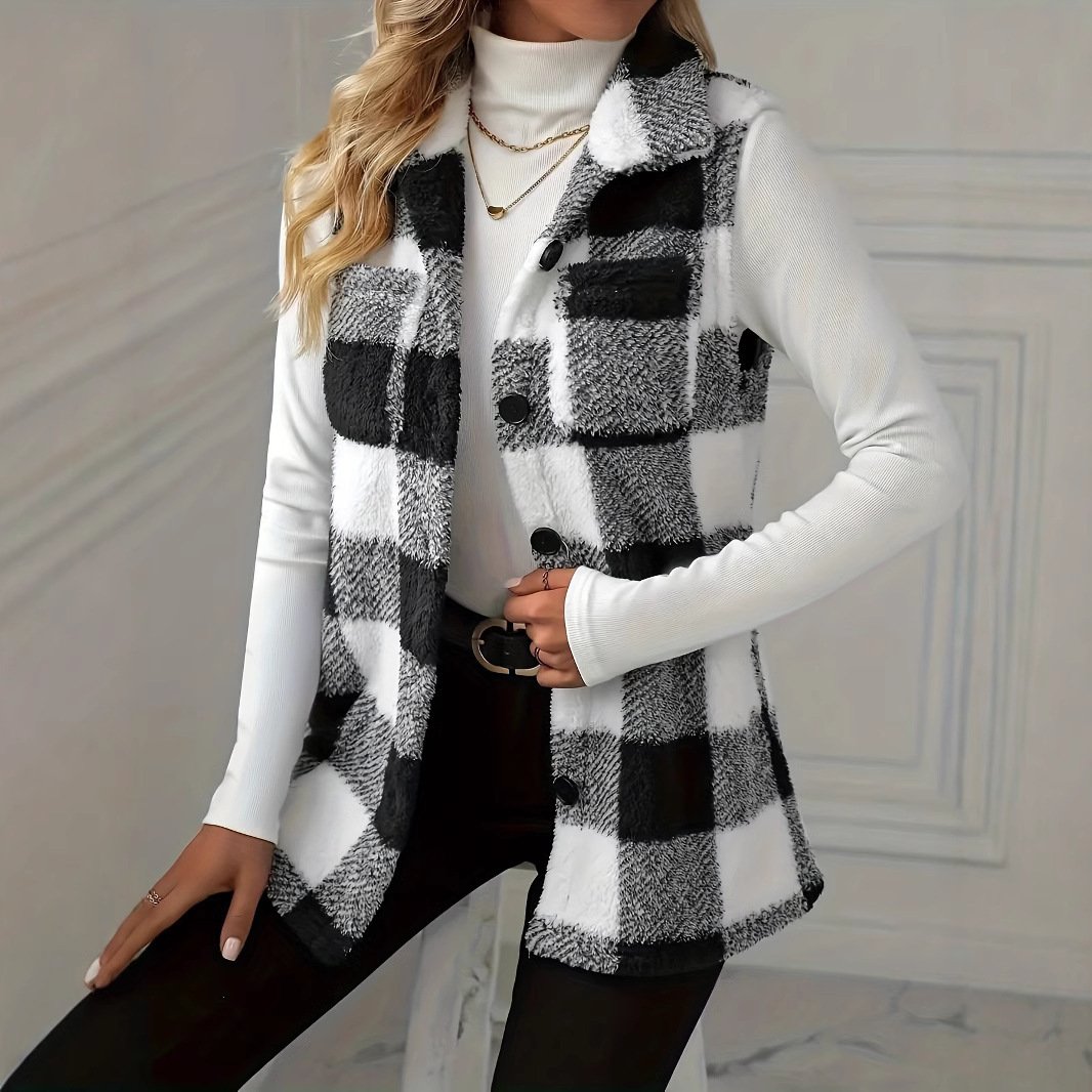 Autumn Winter Womens Plaid Sleeveless Tank Top - Image 4