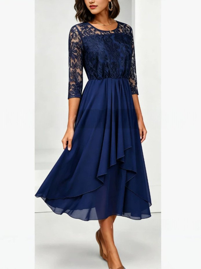 Three-quarter Sleeve Chiffon Irregular Hem Dress - Image 3