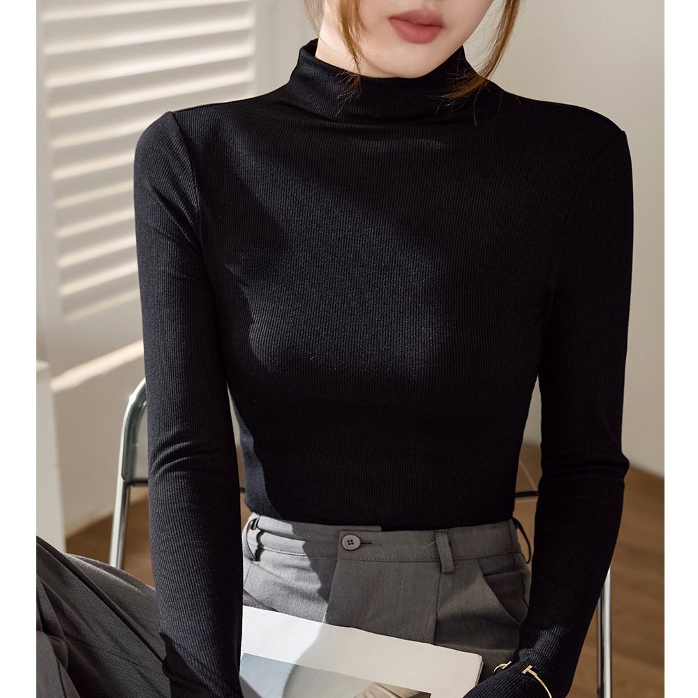 High-elasticity Cotton Mock-neck Base Layer Women's Long-sleeve T-shirt - Image 8