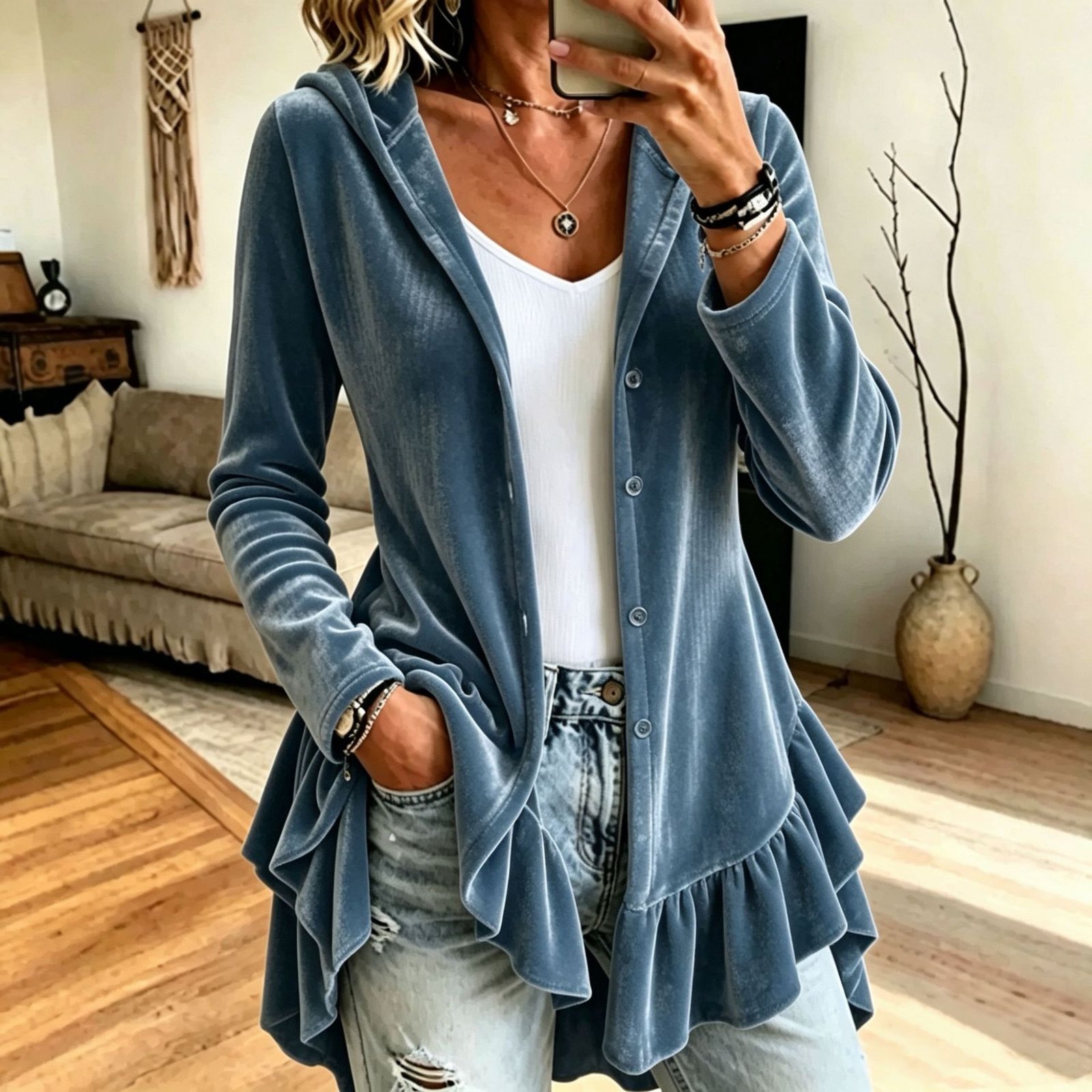 New Fallwinter Womens Hooded Solid-color Long-sleeve Loose-fit Button-front Cardigan - Image 6