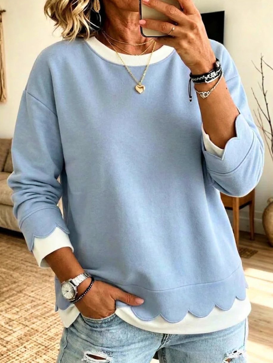Women's Loose-fit Round-neck Casual Top With Wavy Lace Trim - Image 9