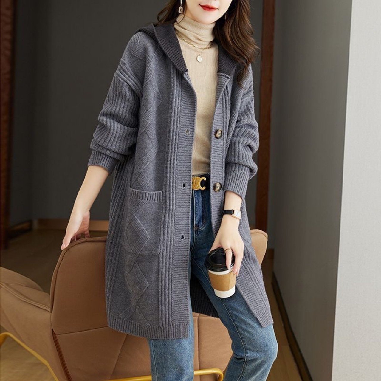 Fall Winter Hooded Mid-length Knitted Sweater Women's Coat - Image 2