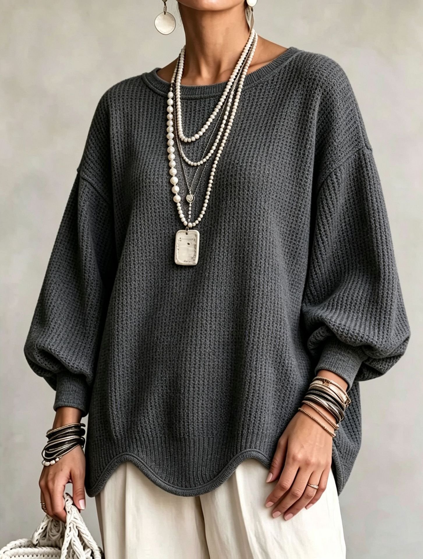 Women's Autumn Round-Neck Lantern-Sleeve Top With Irregular Wavy Hem - Image 7
