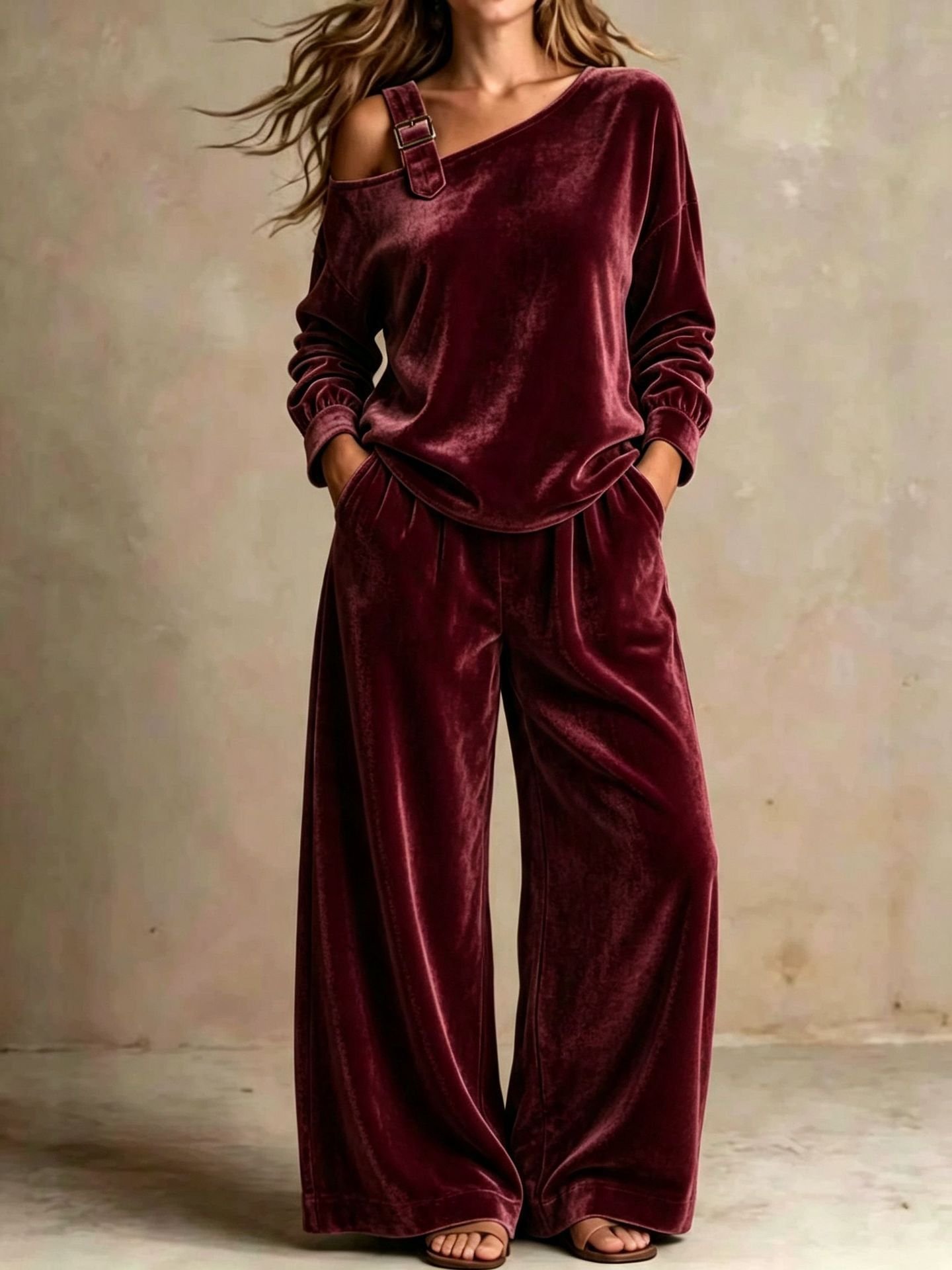 Off-shoulder Suit Women's Velvet Casual Two-Piece Set Soft Comfortable Outfit Daily Clothing - Image 8