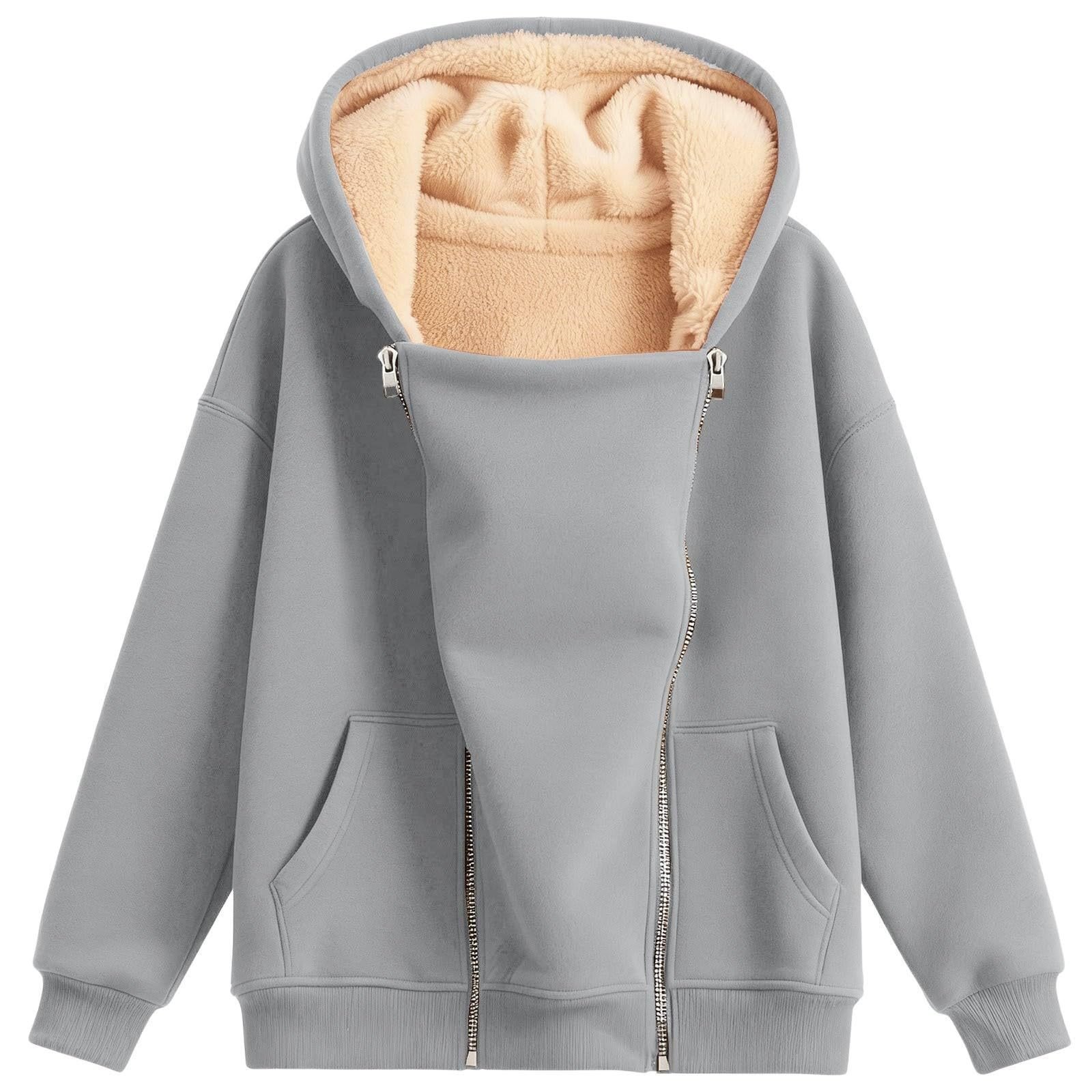 Solid-color Hooded Long-sleeve Zip-up Hoodie With Pockets Extra-thick Fabric