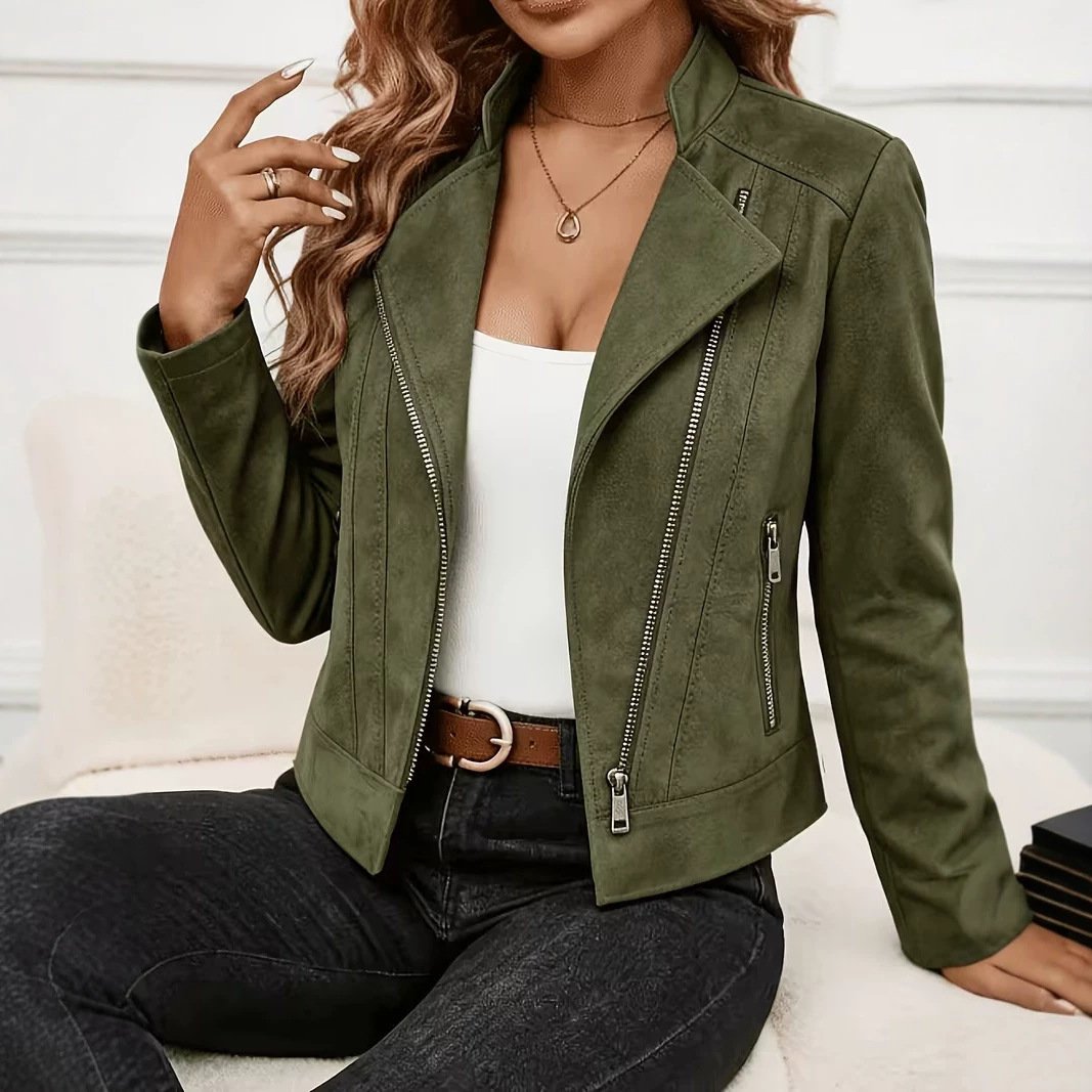 Women's Suede Solid Color Polo Collar Metal Zipper Coat Jacket - Image 3