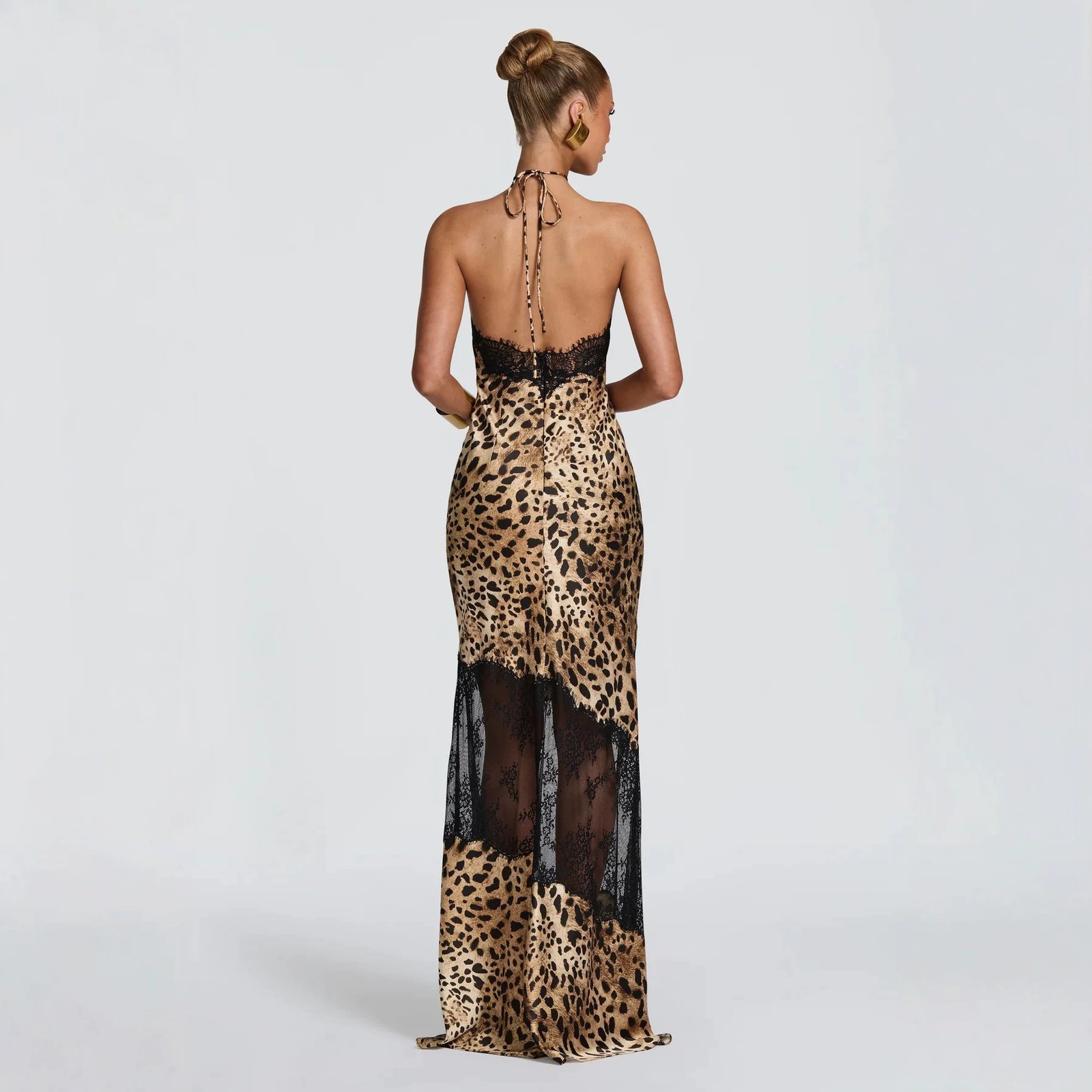 Retro Leopard-print Lace-trimmed Halter-neck Dress - Image 3