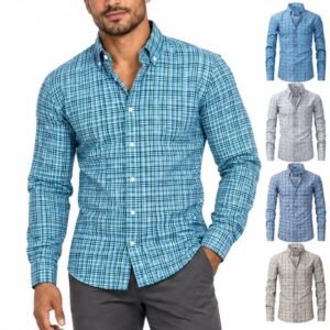 Jiana Cross-Border Stretch Wrinkle-Resistant Men's Shirt, Plaid Color Block Long Sleeve Shirt For Men, Fashion Business Casual Men's Shirt