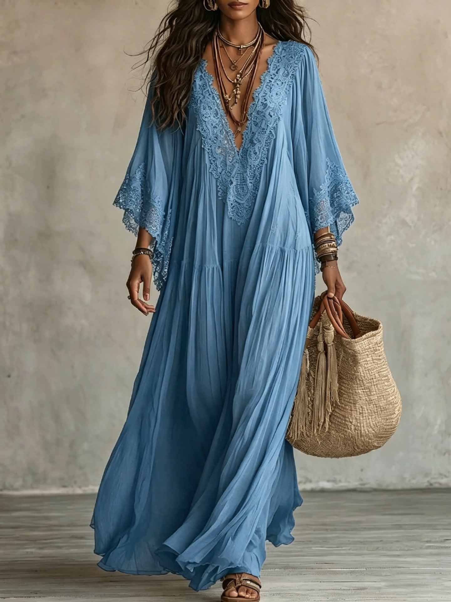 Summer Elegant Solid Dresses Womens Casual Lace Trim V Neck Flowy Maxi Dress Beach Holiday Party Maxi Dresses - Image 9