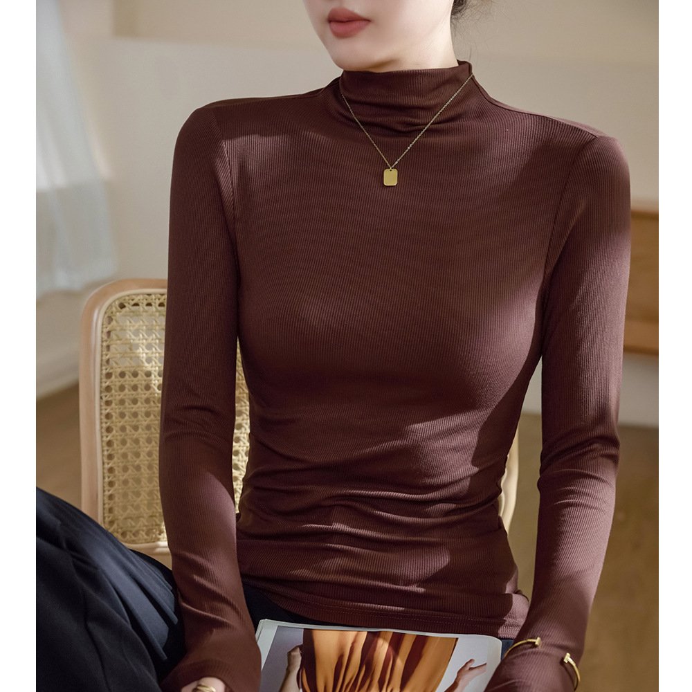 High-elasticity Cotton Mock-neck Base Layer Women's Long-sleeve T-shirt - Image 9