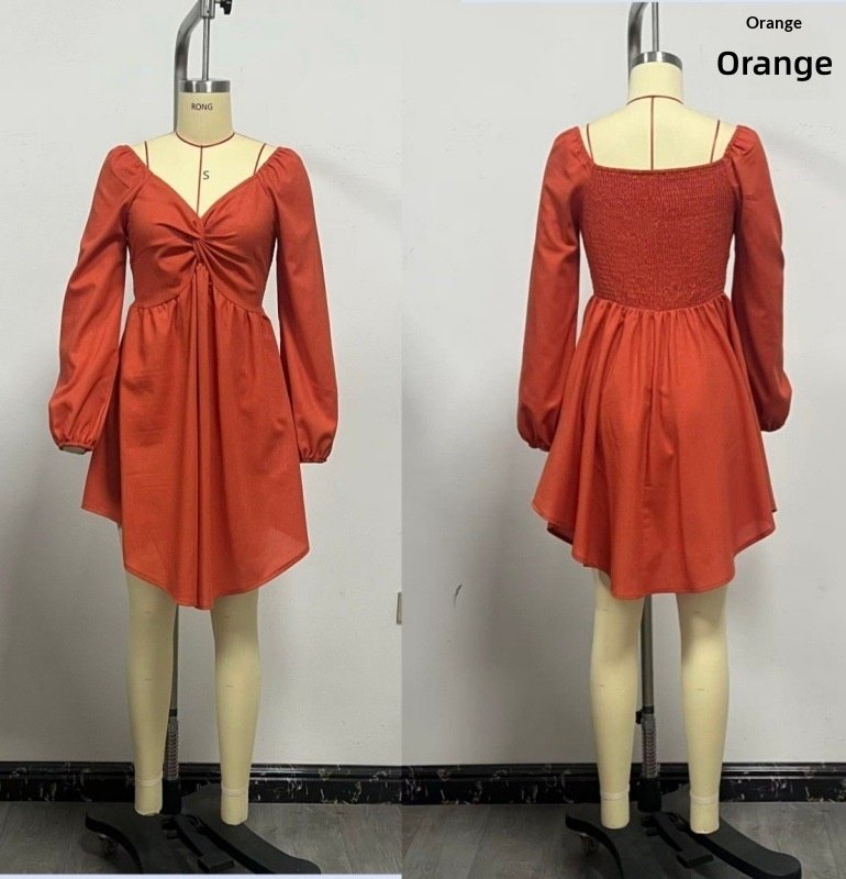 Women's Solid Color And V-neck Chest Twisted Long Sleeve Waist Dress - Image 6