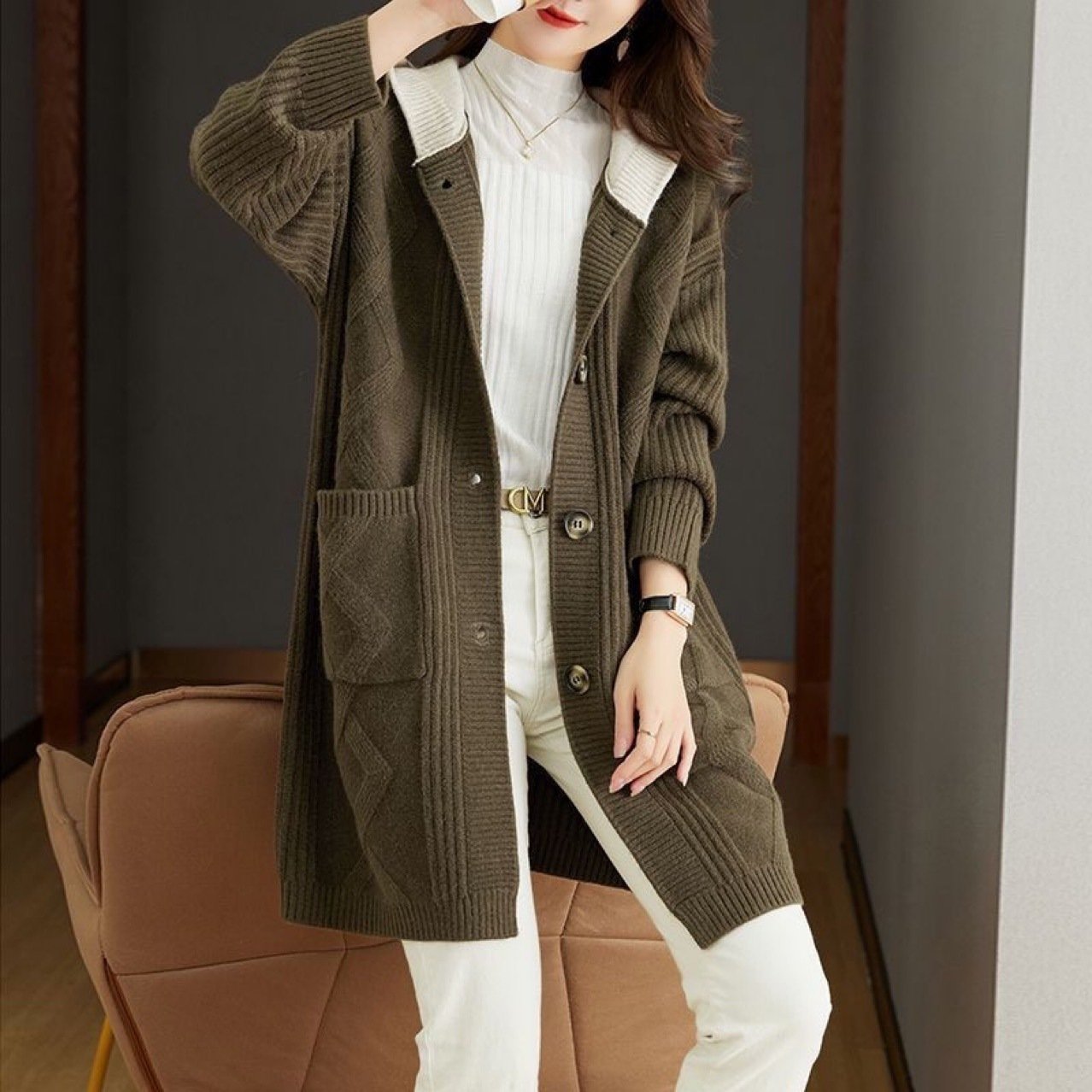 Fall Winter Hooded Mid-length Knitted Sweater Women's Coat - Image 3