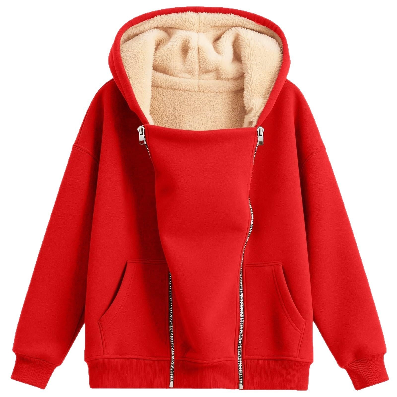 Solid-color Hooded Long-sleeve Zip-up Hoodie With Pockets Extra-thick Fabric - Image 5