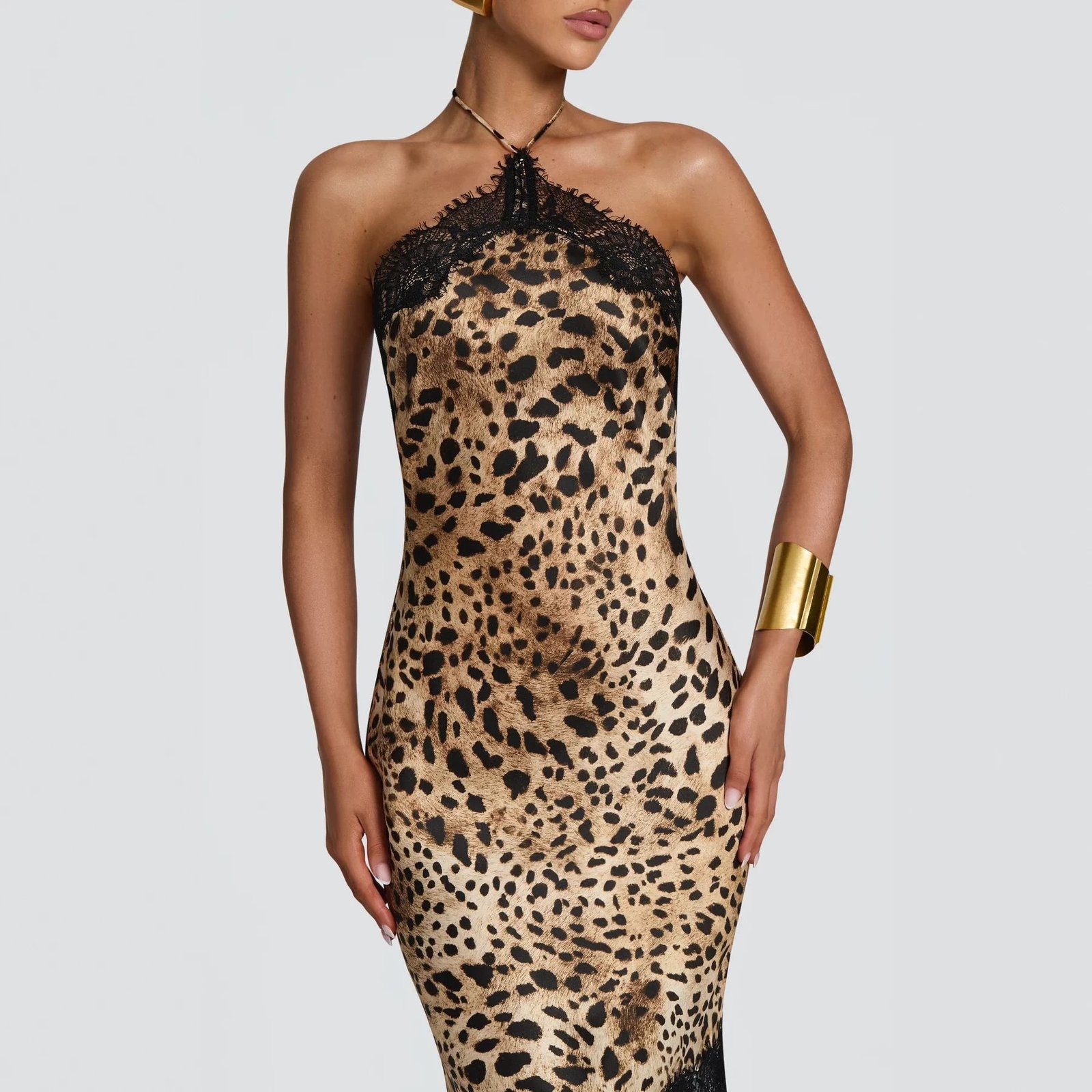 Retro Leopard-print Lace-trimmed Halter-neck Dress - Image 4