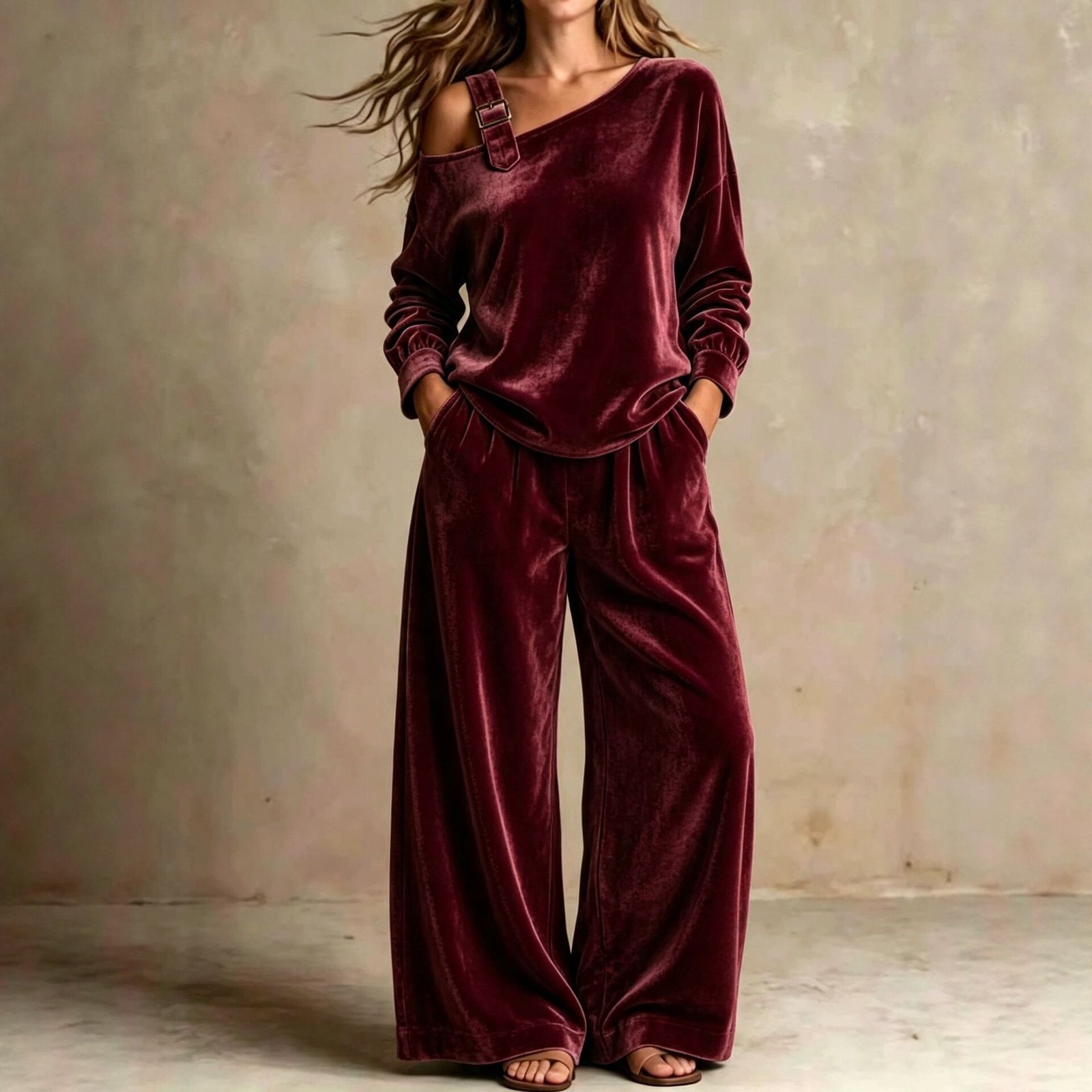 Off-shoulder Suit Women's Velvet Casual Two-Piece Set Soft Comfortable Outfit Daily Clothing - Image 4
