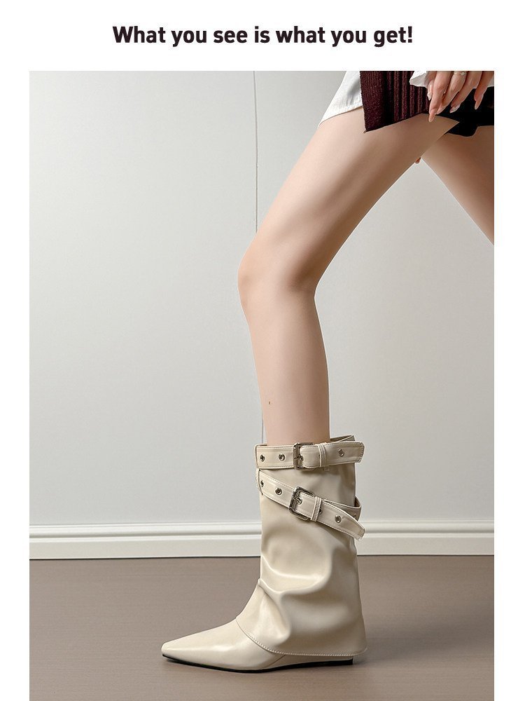 Women's White Spicy Girl Rivet PointedToe MidCalf Slouch Boots, Biker Boots & Ankle Boots For TuckedIn Pants - Image 7