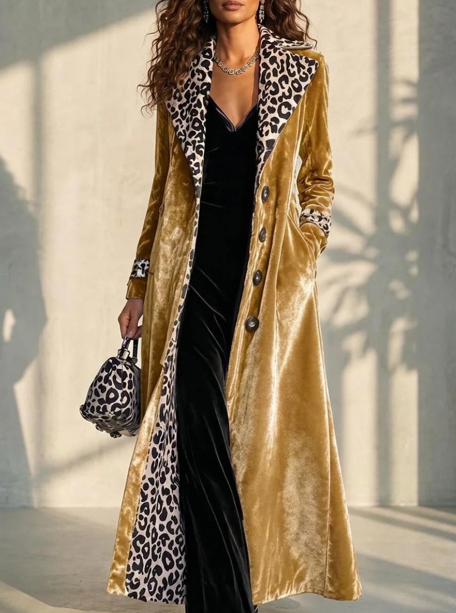 Retro Leopard-print Color-block Lapel Single-breasted Long-sleeve Trench Coat - Image 7