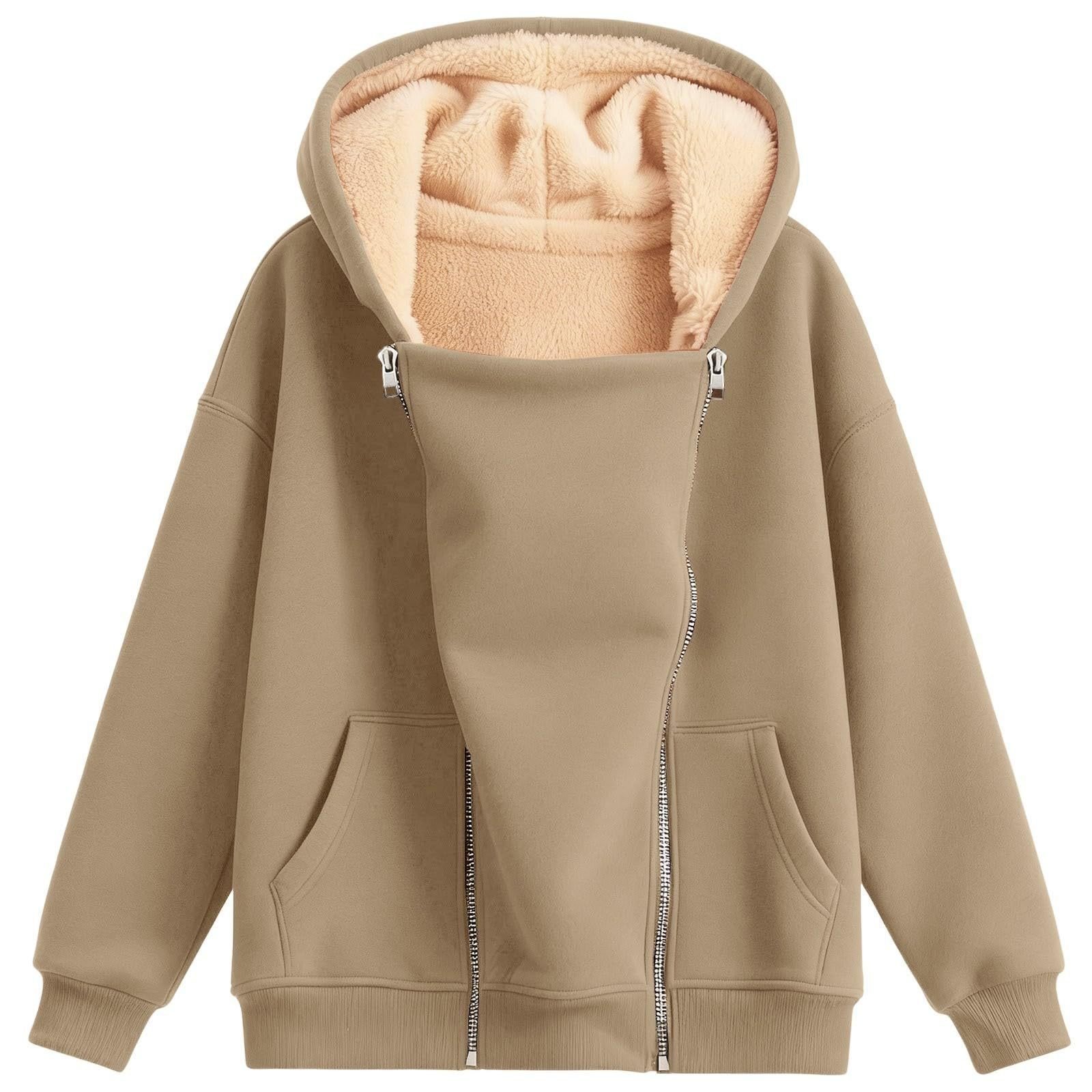 Solid-color Hooded Long-sleeve Zip-up Hoodie With Pockets Extra-thick Fabric - Image 2