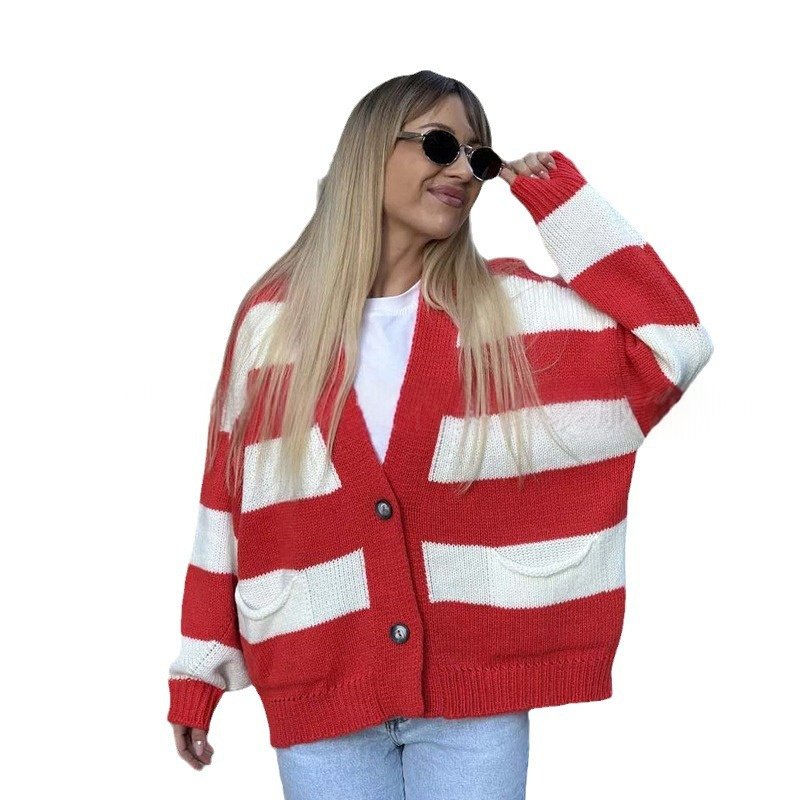 Autumn And Winter New Casual V-neck Long Sleeve Striped Sweater Coat - Image 5