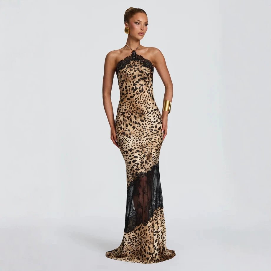 Retro Leopard-print Lace-trimmed Halter-neck Dress - Image 5