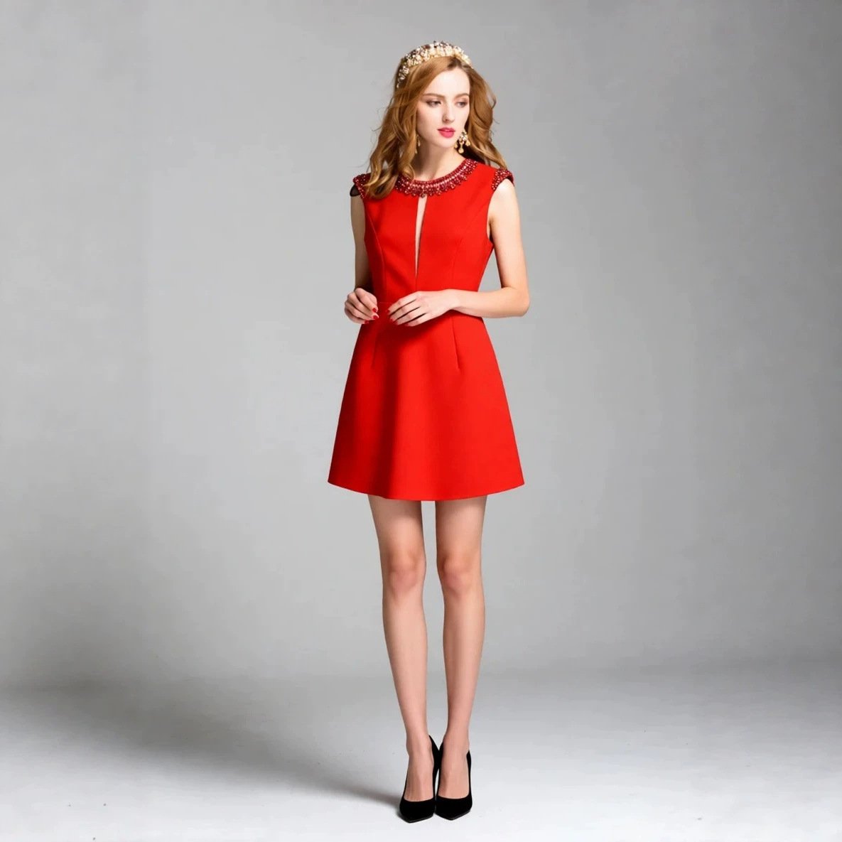 Women's Red Sleeveless Beaded Short Dress - Image 3