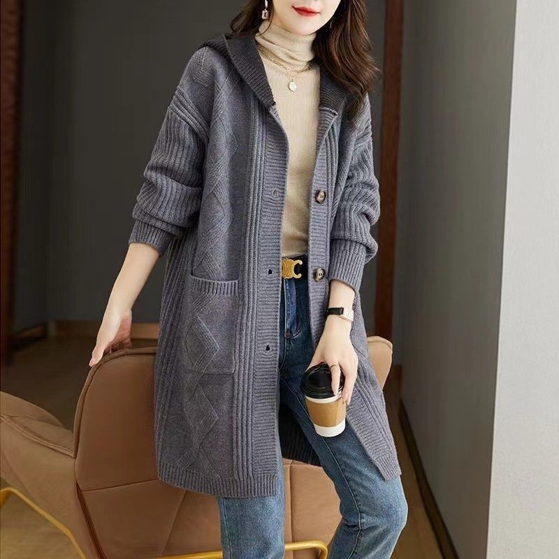 Fall Winter Hooded Mid-length Knitted Sweater Women's Coat - Image 7