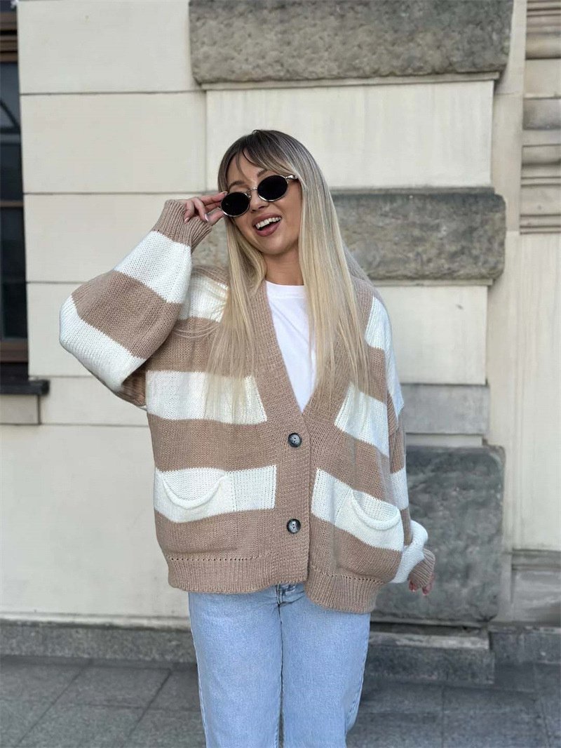 Autumn And Winter New Casual V-neck Long Sleeve Striped Sweater Coat - Image 9