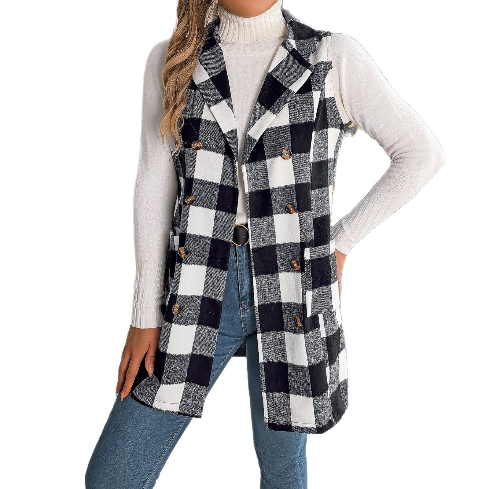 Color-contrast Check Sleeveless Double Breasted Vest Coat - Image 5