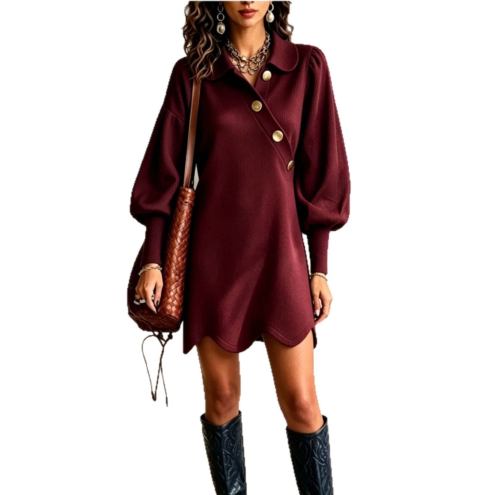Womens Lantern-Sleeve Lapel Dress With Diagonal Button Placket And Wavy Hem - Image 3