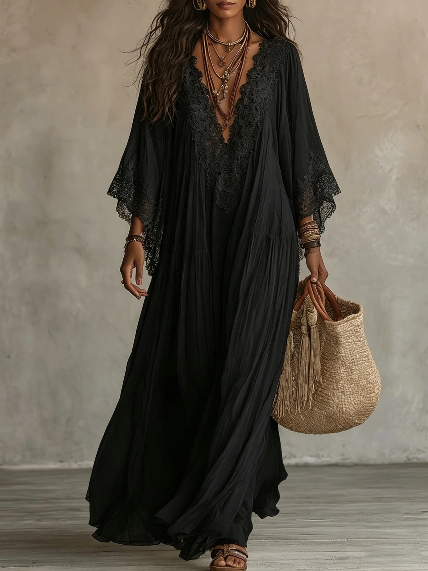 Summer Elegant Solid Dresses Womens Casual Lace Trim V Neck Flowy Maxi Dress Beach Holiday Party Maxi Dresses - Image 8