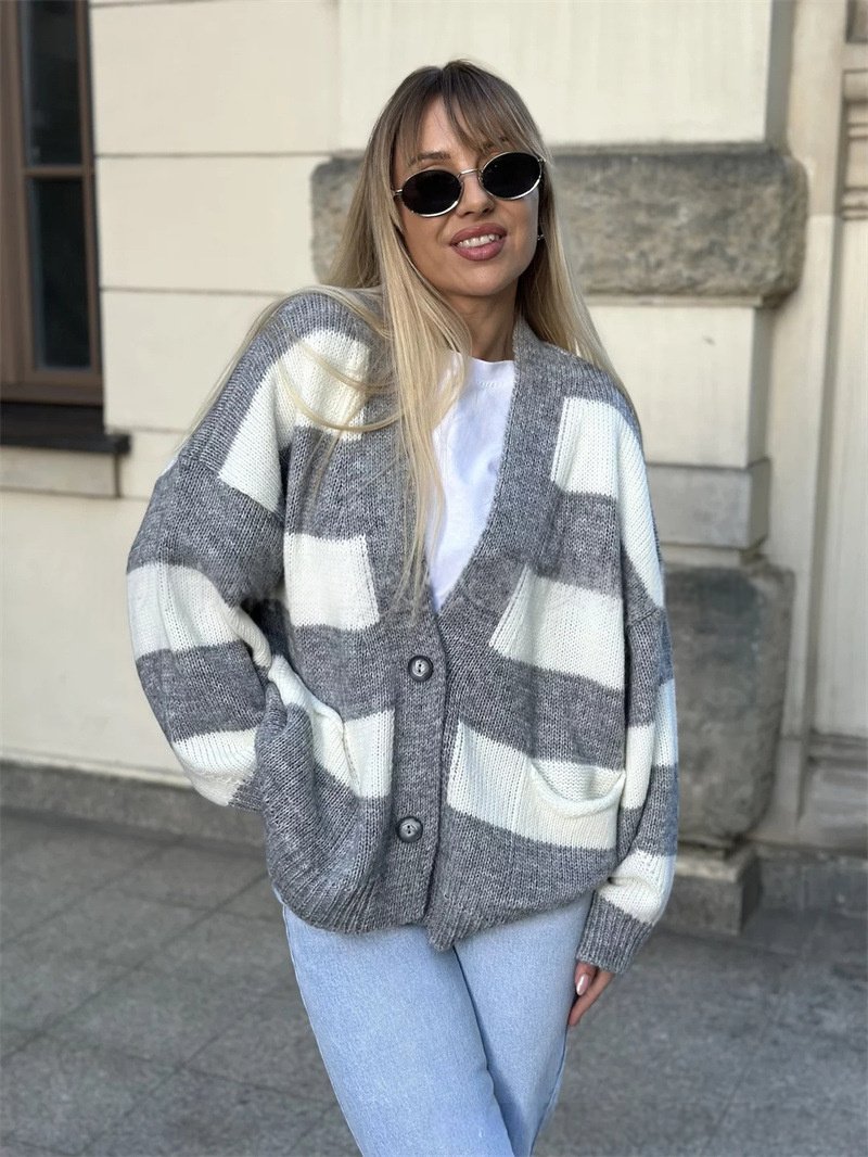 Autumn And Winter New Casual V-neck Long Sleeve Striped Sweater Coat - Image 6